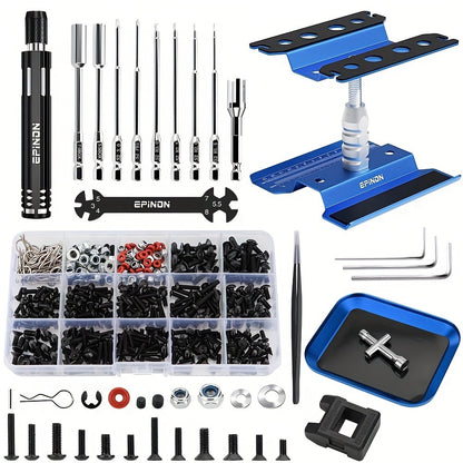 RC Car Maintenance Stand Tool Kit – EPINON 360° Rotating Work Stand with 520PCS Screws, Aluminum Screwdriver Set & Tray, Compatible with 1/8 1/10 1/12 1/16 1/18 Scale RC Cars Crawlers Trucks Buggies (Red/Blue)