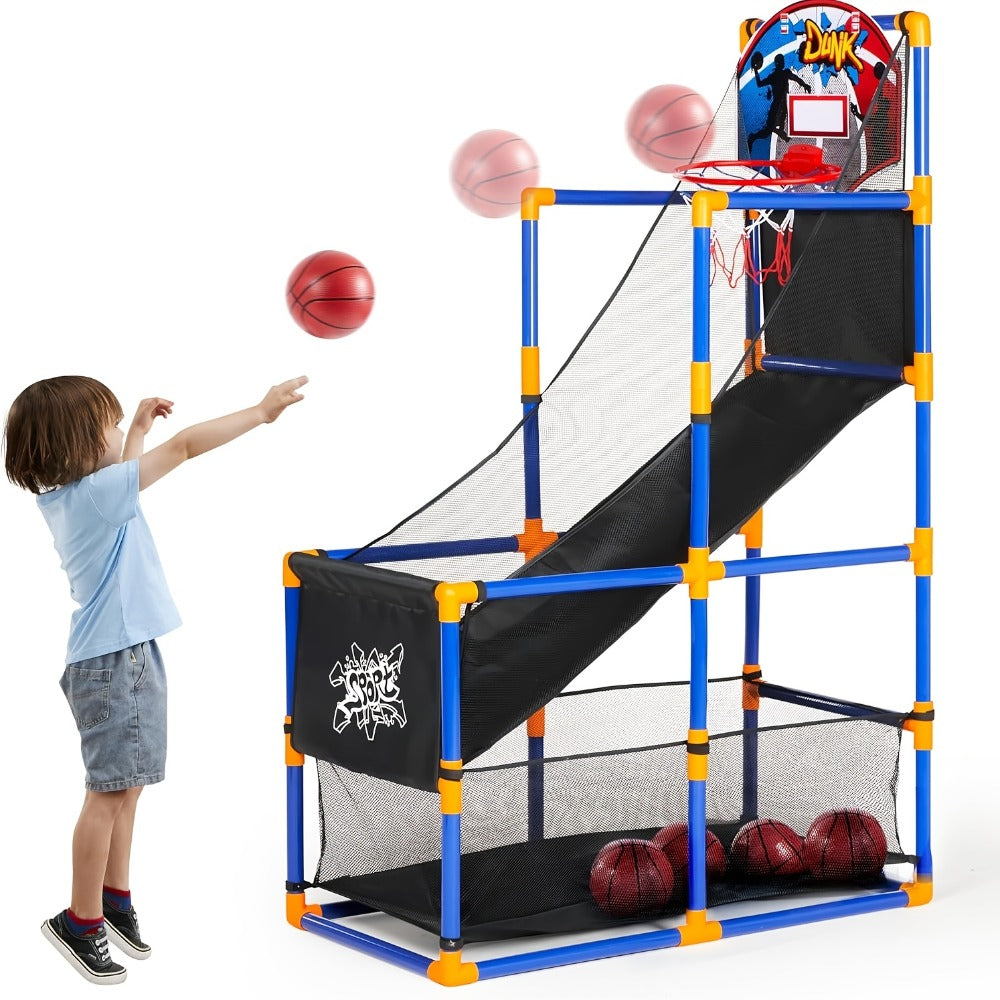 Kids Adjustable Basketball Hoop Set Arcade-Style Stand 4 Balls Air Pump 55 Inch Height Indoor Outdoor Sport Play Birthday Christmas Gift Boys Girls Ages 3+ Multicolor Red Blue