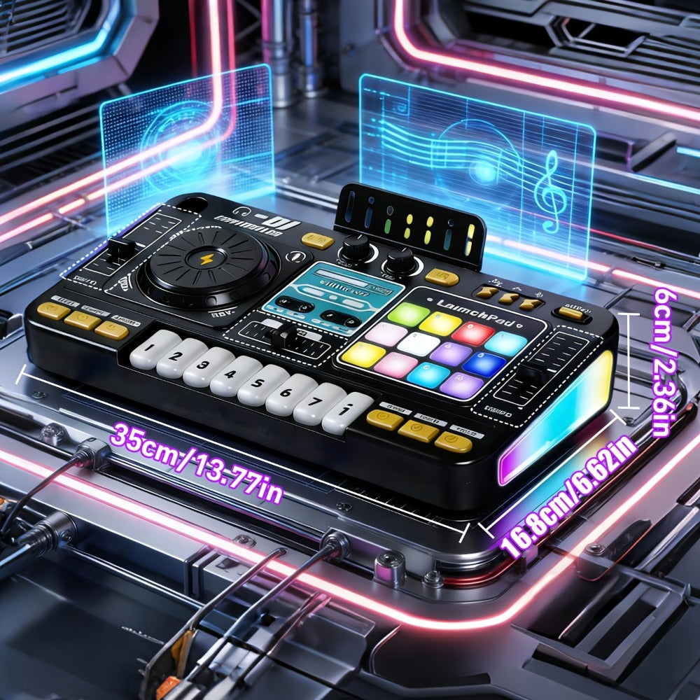 Children's Multi-functional DJ Mixing Controller Set Toy, with LED Lights, Sound Effects, Microphone, And Piano DJ Keyboard Instrument. An Interactive Music Toy for Children, Featuring Over 100 Sound Effects, Piano Keys, Disco Mode, And Rechargeable