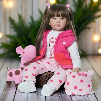 Princess Reborn Baby Doll 24 Inch Long Dark Hair – 60cm Handmade Newborn Girl Soft Vinyl & Cloth Body, Rosy Cheeks, Open Eyes, Birth Certificate & Outfit Included, Lifelike Gift for Kids & Collectors