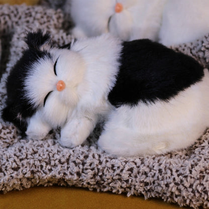 Stuffed Cat Plush Toy Realistic Sleeping Kitten with Meow Sound Soft Faux Fur Simulation Cat Doll Desk Decor Birthday Christmas Gift for Kids Cat Lovers