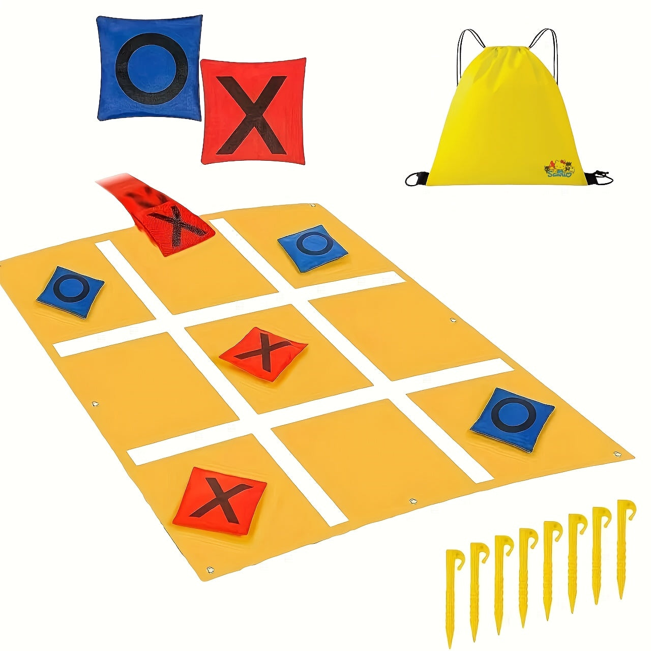 Tic Tac Toe Game Set Bean Bag Toss Game Outdoor Tic Tac Toe Cloth with Bean Bag Drawstring Storage Bag Yellow Ground Nails for Adult Family Camping Indoor Outdoor Game Supplies, Christmas Party Game Supplies, Christmas/Thanksgiving Gifts