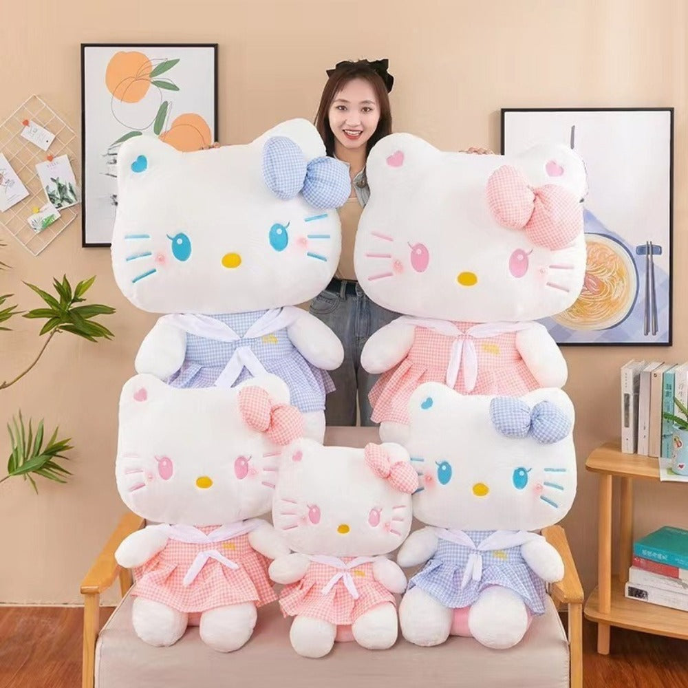 Hello Kitty Oversized Plush Stuffed Toy 13.78 Inch — Sanrio Licensed Dress-Up KT Cat Soft Doll, Kawaii Home Decor & Cuddle Pillow, Birthday Gift for Girls Teens Pink Blue Plaid