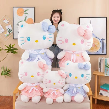 Hello Kitty Oversized Plush Stuffed Toy 13.78 Inch — Sanrio Licensed Dress-Up KT Cat Soft Doll, Kawaii Home Decor & Cuddle Pillow, Birthday Gift for Girls Teens Pink Blue Plaid