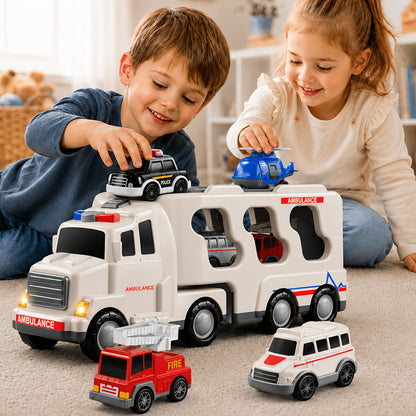 Babyhome Ambulance Truck 5 in 1 with Lighting & Sound, Friction Power Vehicle, Rescue Helicopter, Police Car, Fire Truck, Ambulance, Christmas, Birthday Gift, Interactive Toy Combination Toy Car