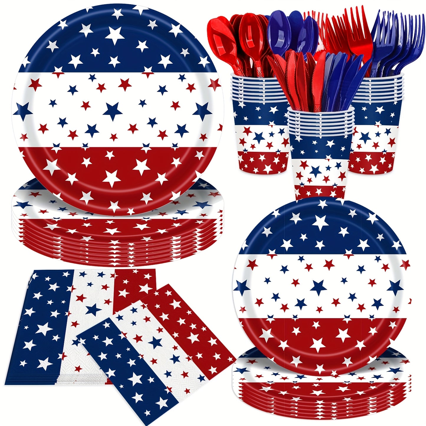 140pcs Independence Day Party Supplies 4Th of July Party Decorations Plates And Napkins Patriotic Memorial Day Party Decor Star Print Paper Plates, Serve for 20