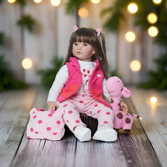 24" 60cm Handmade Realistic Reborn Baby Doll - Newborn Princess Girl with Long Dark Hair, Soft Vinyl & Cloth Body, Lifelike Light Beige Texture & Rosy Cheeks, Includes Outfit, Pacifier, Bottle & Birth Certificate - Educational Gift for Kids, Collectible D