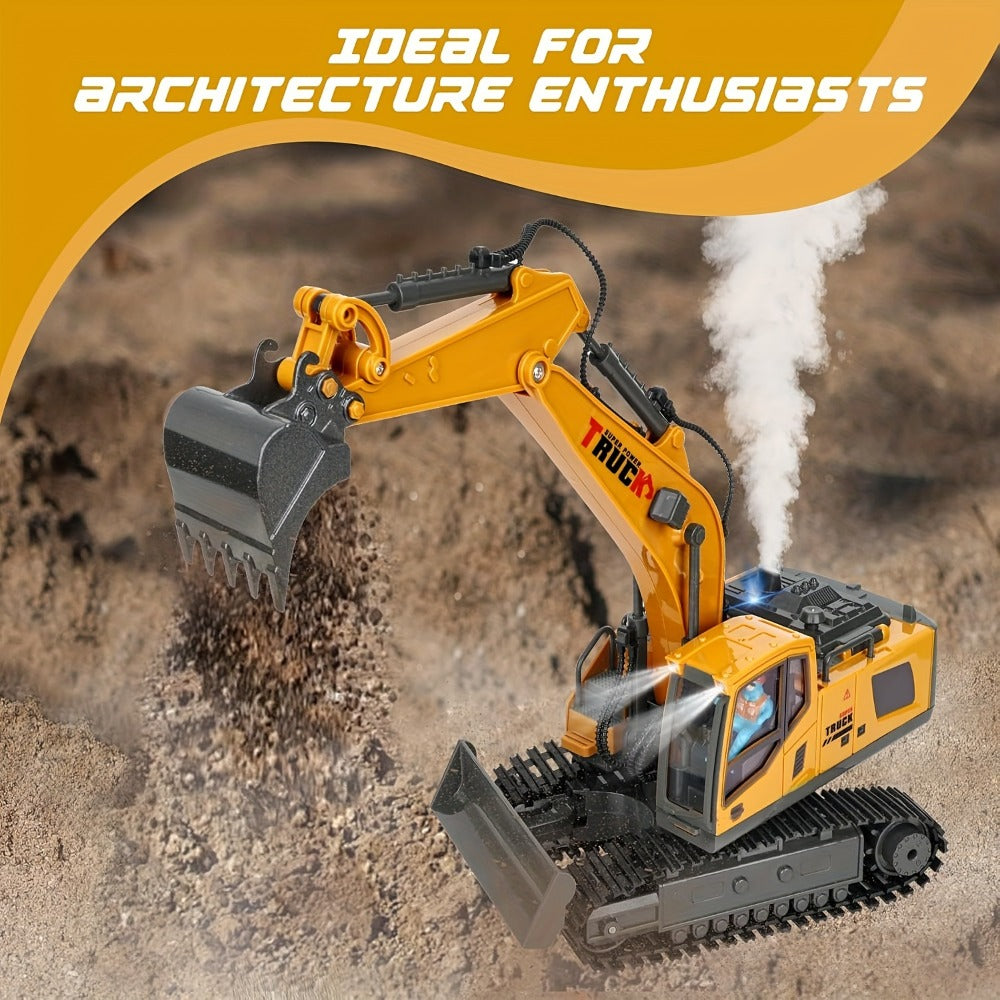 RC Excavator Toy 1200mAh 120-Min Battery Life with Metal Shovel & LED Lights – 13CH/17CH Remote Control Construction Truck for Boys Ages 8+, Birthday Christmas Gift (Yellow/Gray)