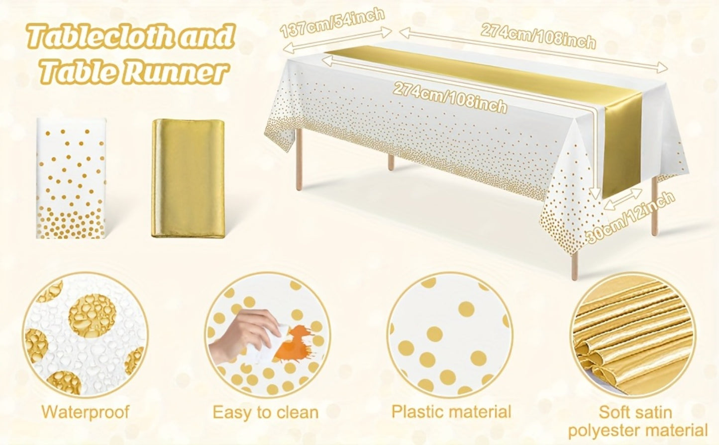 Disposable Tablecloth & Table Runner Set 10 Pack White & Gold Plastic Party Table Covers for Wedding, Birthday, Graduation, Anniversary – Elegant Party Decorations Bulk