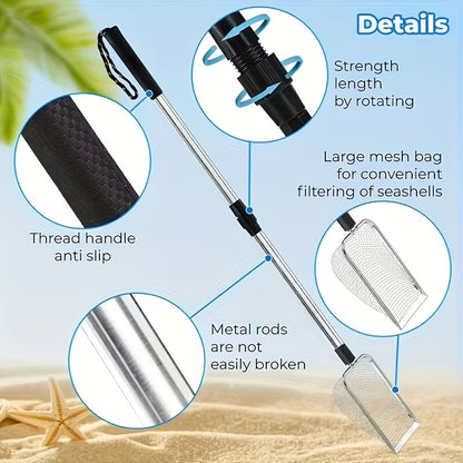 1/2pcs Stainless Steel Retractable Beach Sifter Scoop, Suitable for Treasure Hunting, Shell Collecting, Conch Collecting, Beach Combing, Can Also Be Used for Cleaning Cat Litter, A No-Bend Cat Litter Scoop