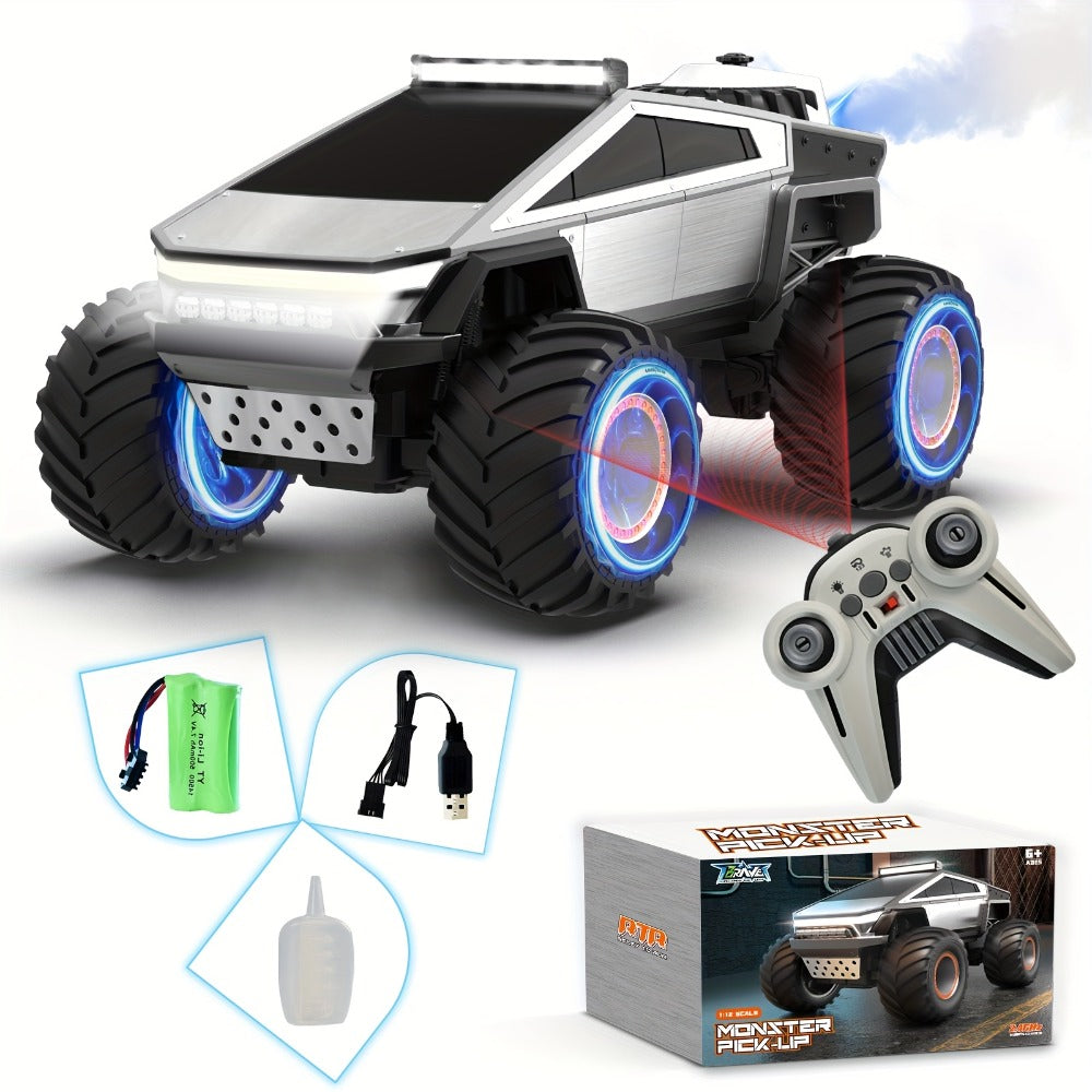 RC Monster Truck 1:12 Scale 4WD 2.4GHz All-Terrain Remote Control Car with LED Lights Sound Effects – Cybertruck & Pickup Truck Boys Gift Kids