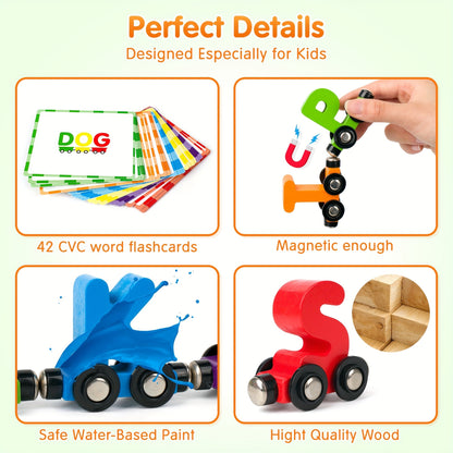 Magnetic Wooden Alphabet Train Sets, 27pcs ABC Letter Learning Toy Trains with 42pcs Flash Cards, 1 Engine, 1 Storage Bag, Kids Boys Girls Educational Toys for 3 4 5 6