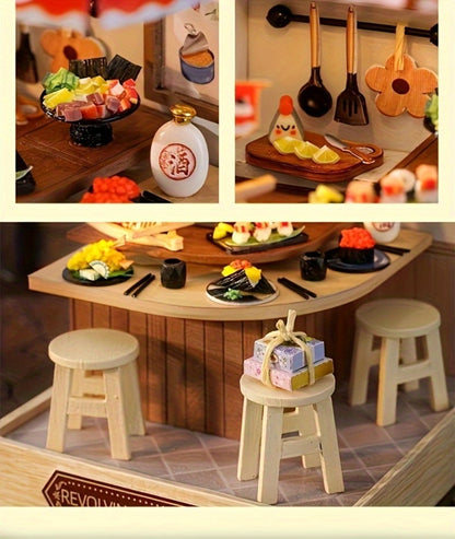 DIY Wooden Tiny House Kit with Dust Cover – Handmade Miniature Dollhouse Puzzle, 3 Themes Afternoon Tea Rotating Food House Moon Magic, Creative Home Decor Gift for Adults & Teens Birthday Christmas