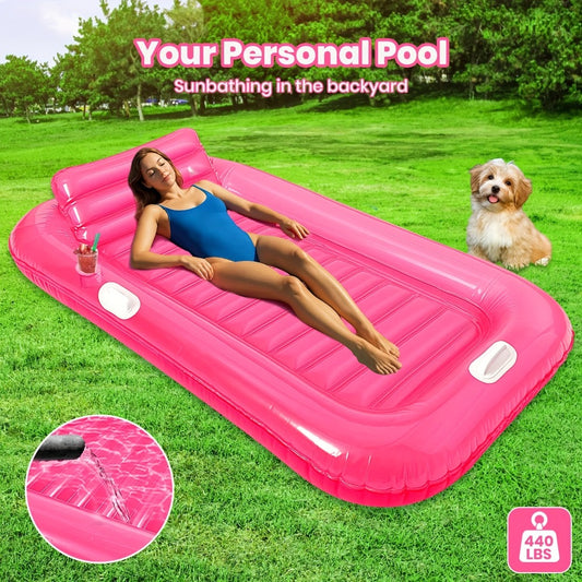 2-in-1 Inflatable Sunbed & Pool Float, Portable Air Mattress For Tanning, Lounger Float For Pool/Beach, With Cup Holders, A Removable Inflatable Headrest, And Easy-to-hold Handles