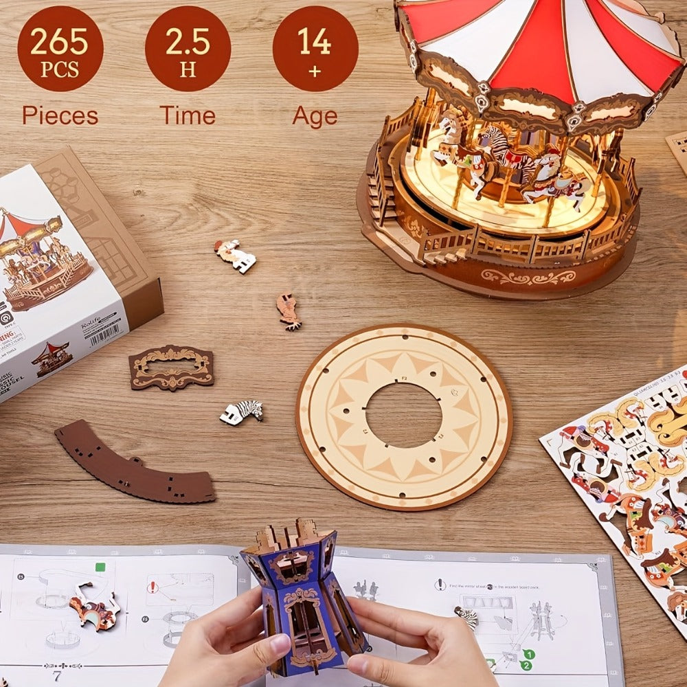 Rolife Carousel Music Box Kit – DIY 3D Wooden Puzzle Architectural Craft Model, Spinning Carousel with Music, Hobby Home Decor, Valentine's Day Birthday Christmas Anniversary Gift for Adults Teens