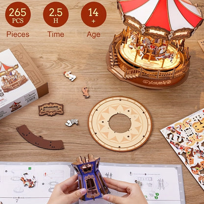 Rolife Carousel Music Box Kit – DIY 3D Wooden Puzzle Architectural Craft Model, Spinning Carousel with Music, Hobby Home Decor, Valentine's Day Birthday Christmas Anniversary Gift for Adults Teens