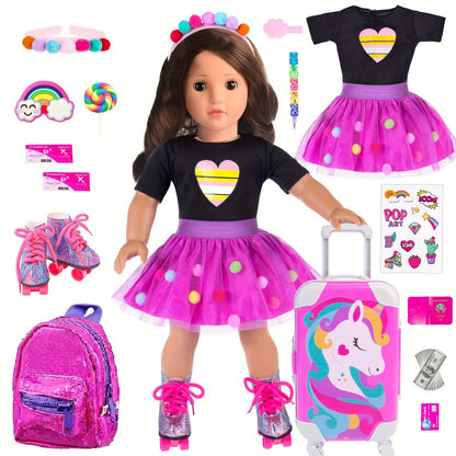 18 Inch Doll Travel Accessories Set 25 Pcs – Unicorn Suitcase, Roller Skates, Outfit, Backpack, Hairpins & Passport for 18 Inch Girl Dolls, Imaginative Play Gift for Girls Ages 3+ (Doll Not Included)