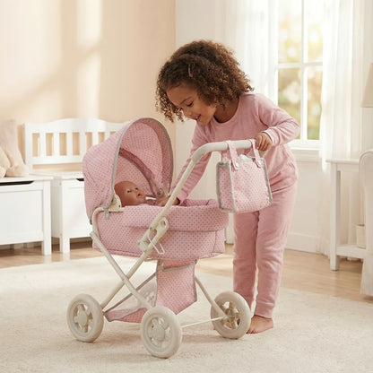 3-in-1 Baby Doll Stroller Set Pink – Foldable Pram with Removable Bassinet & Carry Bag for 14-24 Inch Dolls, Swivel Wheels Adjustable Handle, Role Play Nursery Gift for Girls Ages 3-12