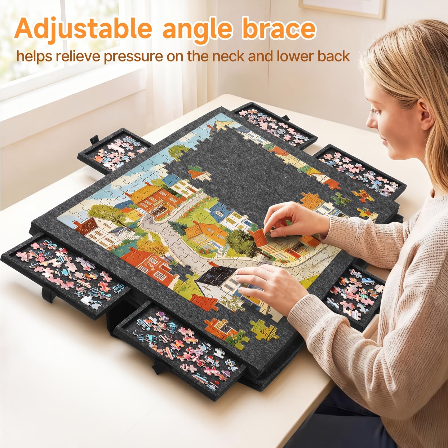 Foldaway Puzzle Board Felt Mat for Up to 1000/1500pcs Of Jigsaw Puzzle, Portable Puzzle Table with 6 Drawers (Extra Large)
