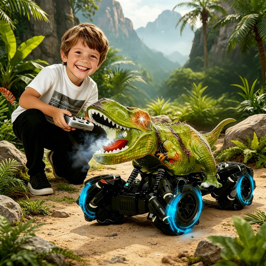 [Remote-Control Off-Road Monster Truck Toy] 2.4GHz 4WD All-terrain Remote-control Off-road Monster Truck Toy, Dinosaur Stunt Remote-control Car, Featuring An Ergonomic Handle, LED Lights, And Music Functions, Plus Large Tires with Superior Traction.