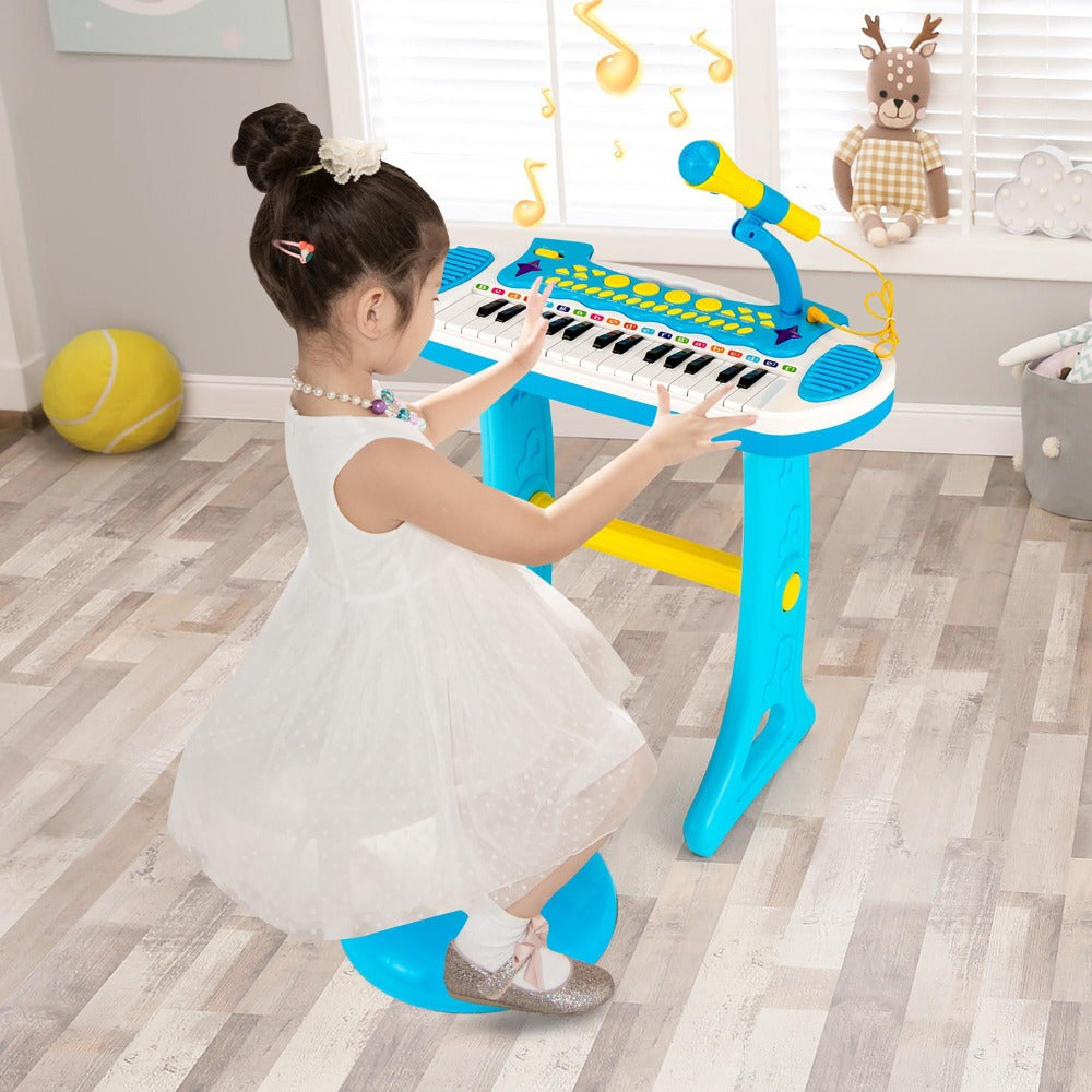 COSTWAY 31-Key Piano Toy, Portable Musical Instrument W/ Multiple Sounds And Light Effect, Adjustable Microphone And Stool, Cute Toy Keyboard for Boys And Girls, Gift for 3+, Blue