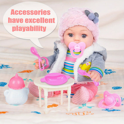 Baby Doll Playset 12 Inch with Clothes Accessories Complete Nurturing Toy Set Hat Coat Romper Tableware Feeding Bottle Pacifier Gift for Girls Toddlers Kids Ages 3+