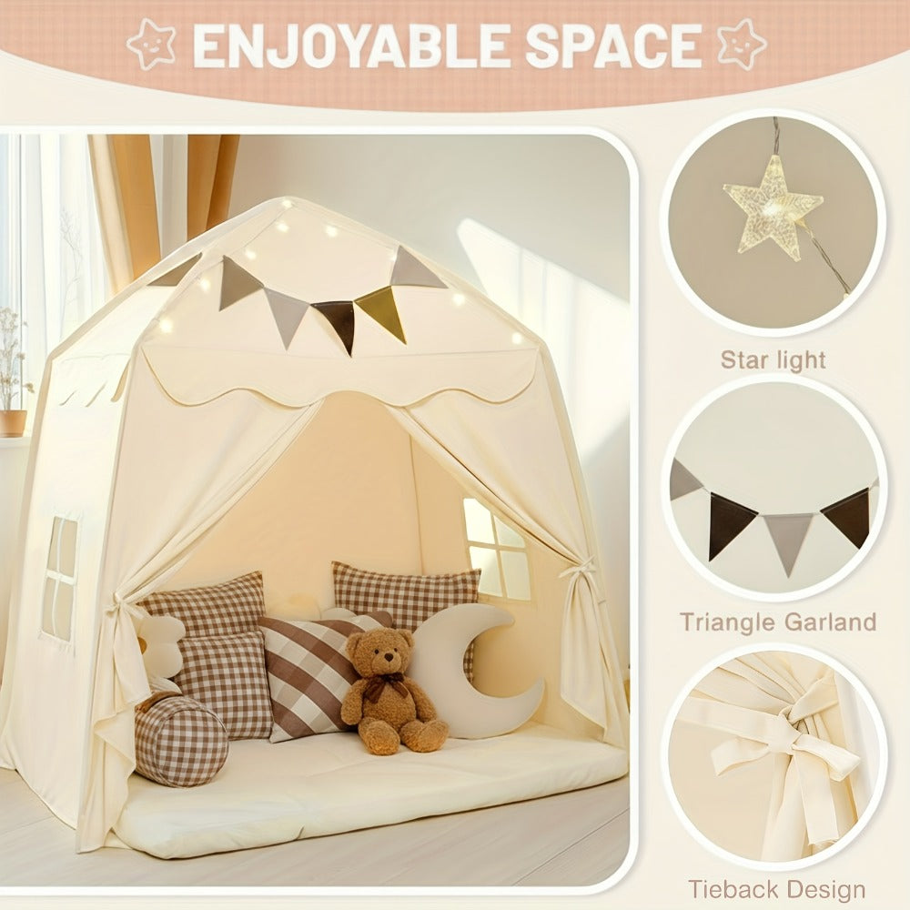 Kids Play Tent Extra Large – Portable Foldable Teepee Indoor Outdoor Dome Playhouse with Flags, Bed Canopy for Boys Girls, Available in Beige Pink Green Brown Cream, 51–59 Inch