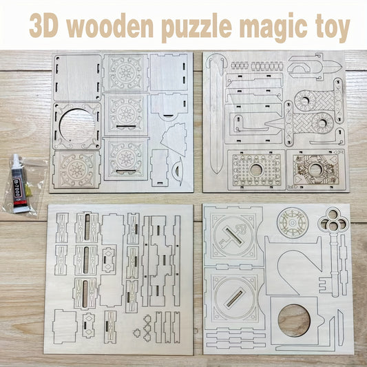 4pcs 3D Wooden Magic Puzzle Set: STEM Kit With Sword Trick, Stage Performances, Coin & Key | Wood Art Illusion Puzzles | Unique Christmas & Holiday Gifts For Adults