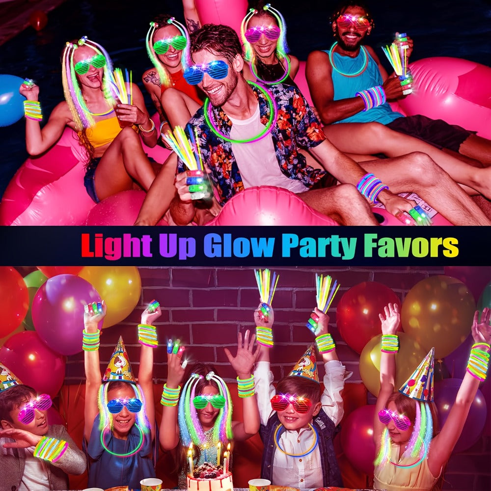 Glow in the Dark Party Supplies 120 Piece Set – Glow Rings, LED Glasses, Glow Sticks & Fiber Optic Hair Clips for Neon Party, Birthday, Wedding, Concert & New Year