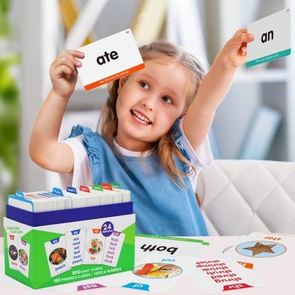 Sight Words Flash Cards 500 Cards & 150 Phonics Cards Set 1000+ Dolch Fry High Frequency Words CVC Blends Long Vowels | Learn to Read Cards Pre-K Kindergarten 1st 2nd 3rd Grade Ages 3+