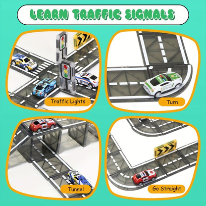 Magnetic Road Track Set 44 Pcs Kids Flexible Snap-Together Road Builder Tiles with Pull-Back Cars – STEM Construction Toy for Toddlers Boys Girls Ages 3+, Birthday Christmas Gift