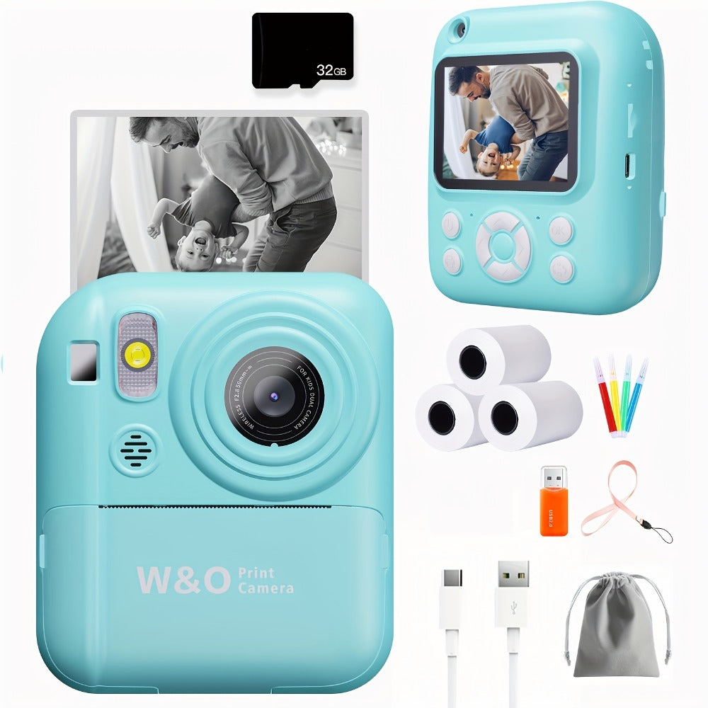 Instant Printer Camera for Kids - Camera Game MP3 3-in-1, Instant Print Photos In 1 Second, Puzzle Games, 10x Digital Zoom, 2.4'' HD Screen, Photography - 32G Card, Card Reader, USB Cable, Lanyard, Print Paper, Storage Bag - Perfect Halloween