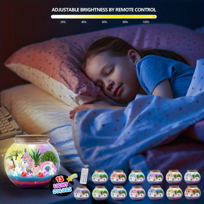 Unicorn Terrarium Craft Kit for Girls — DIY Magic Garden with 13-Color LED Night Light & Remote Control, Arts & Crafts Toy for Kids Ages 6+, Birthday Christmas Gift, STEM Sensory Activity
