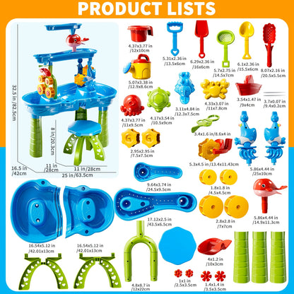 3-Tier Kids Sand Water Table with Shovel, Scoop & Strainer - Outdoor Blue Educational Sensory Play for Beach, Backyard, Summer Holidays