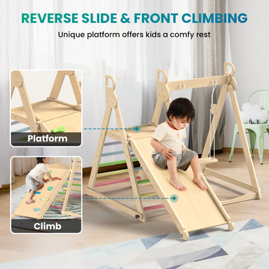 Foldable Indoor Wooden Jungle Gym for Toddlers – 4-in-1 Climbing Frame with Swing, Slide & Ladder | Ages 18M+ | Rainbow & Blue | Kids Indoor Playset for Cognitive Development & Active Play