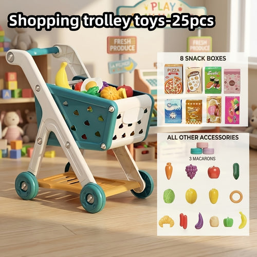 Deluxe Play Shopping Cart Set with Realistic Food - Perfect for Pretend Supermarket & Kitchen Play, Ideal Birthday, Christmas & New Year Gift, Red/Blue