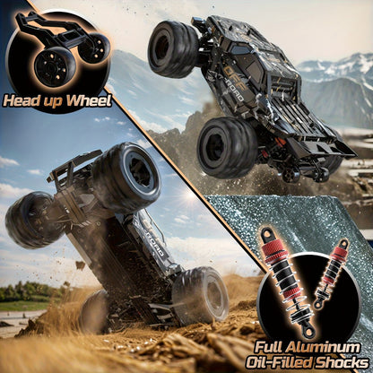 DEERC 1/16 All-Metal 42KM/H RC Truck 4WD Off-Road Monster Truck with Dual 1500mAh Batteries, LED Headlights & Wheelie Bar – High Speed Remote Control Car for Adults & Hobbyists (Black)