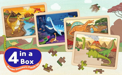 Wooden Dinosaur Puzzle Set for Kids Ages 3-8 – 4-in-1 Jigsaw Puzzles with 24 Pieces, Colorful Preschool Educational Toy for Boys & Girls, Fun Birthday Christmas Gift for Toddlers & Children