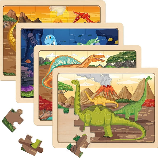 Wooden Dinosaur Puzzle for Children Ages 3+ Years Old, 4 Bags, 24pcs, Brain Sharp Turning Board, Children's Gift, Wooden Dinosaur Puzzle, Suitable for Boys And Girls