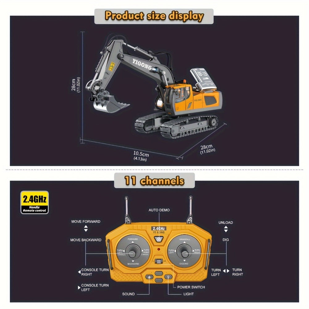 RC Excavator Toy Set for Kids – Remote Control Construction Vehicles with Metal Shovel, LED Lights & 1200mAh Battery, Boys Gift Ages 6+