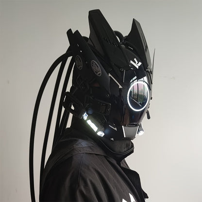 LED Punk Mask with Tubular Braids & Helmet – Futuristic Sci-Fi Mechanical Cosplay Mask for Halloween, Rave Music Festival & Party, Blue Green Pink, Handmade TPU PC Unisex Adult Costume Prop