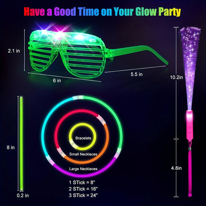 MEZHOBBY 120pcs Glow In The Dark Party Supplies, Including Glow Rings, Glowing Ring, LED Glasses, Glow Sticks And LED Hair Clips Fiber Optic for Neon Party, Wedding, Birthday, Concert, New Year