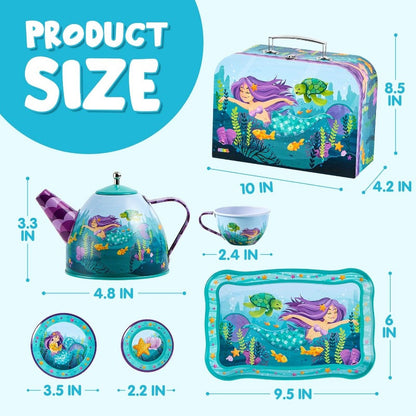 Mermaid Tea Party Set for Little Girls, Pretend Tin Teapot Toy with Cups, Plates Carrying Case, Princess Tea Time Play Kitchen Kit, Perfect Christmas&Birthday Gifts for Kids Age 3+