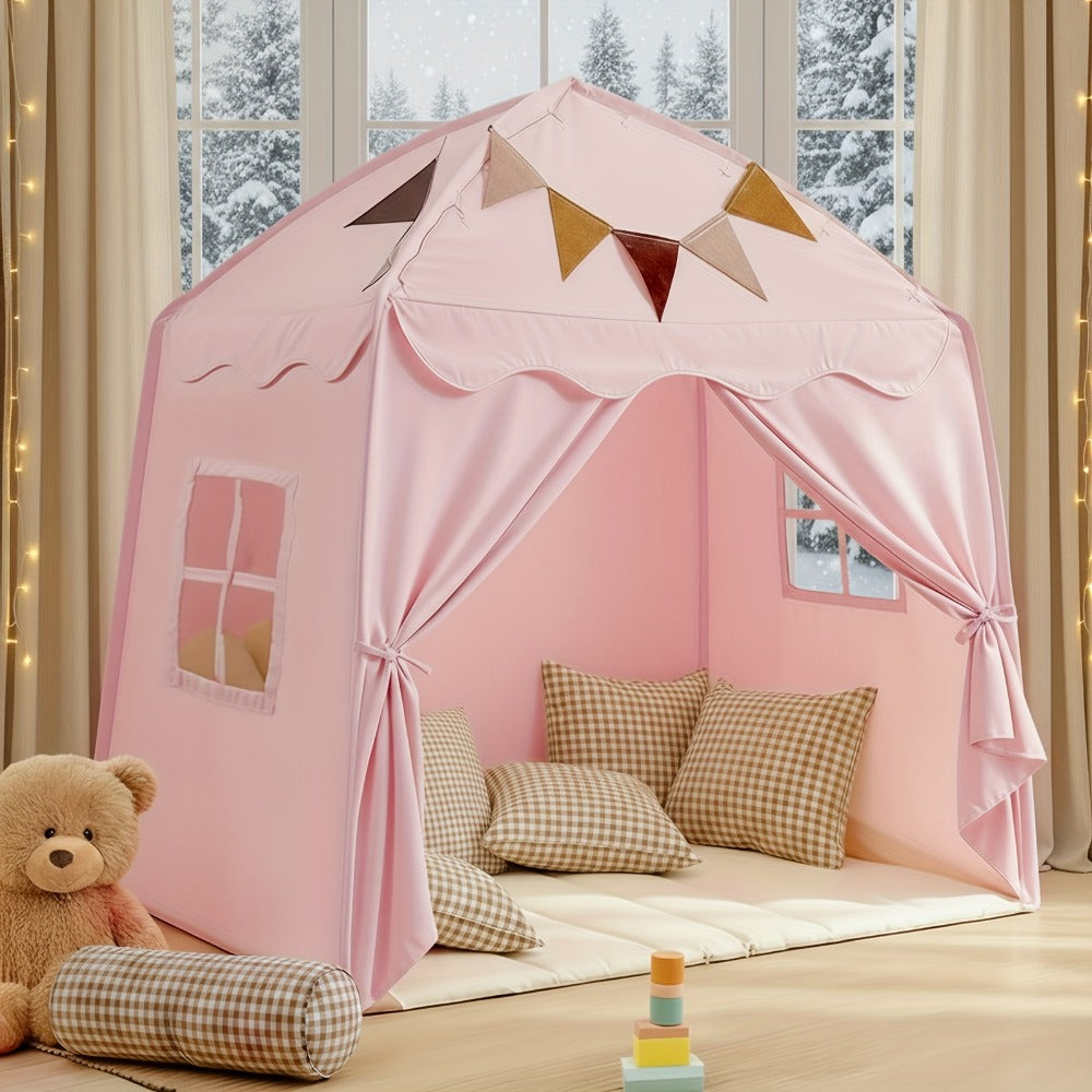 Kids Play Tent Extra Large – Portable Foldable Teepee Indoor Outdoor Dome Playhouse with Flags, Bed Canopy for Boys Girls, Available in Beige Pink Green Brown Cream, 51–59 Inch