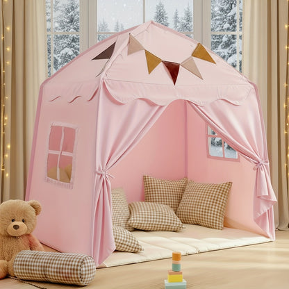Kids Play Tent Extra Large – Portable Foldable Teepee Indoor Outdoor Dome Playhouse with Flags, Bed Canopy for Boys Girls, Available in Beige Pink Green Brown Cream, 51–59 Inch
