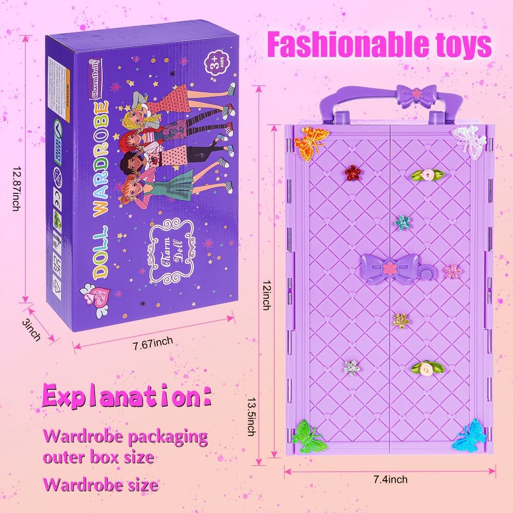 Doll Closet Playset 108 Piece with 11.5 Inch Fashion Doll Purple Wardrobe Wedding Gowns Shoes Handbags Crowns & Accessories – Ultimate Barbie-Size Fashion Gift for Girls Ages 6-12 Birthday Christmas