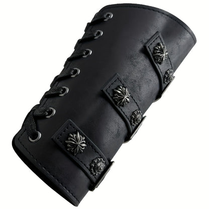 Viking Medieval Leather Arm Guards Bracers – PU Leather Knight Gauntlets Adjustable Metal Buckles Rivets for Men Women Halloween Cosplay LARP Renaissance Fair Stage Costume Dark Brown Khaki Black