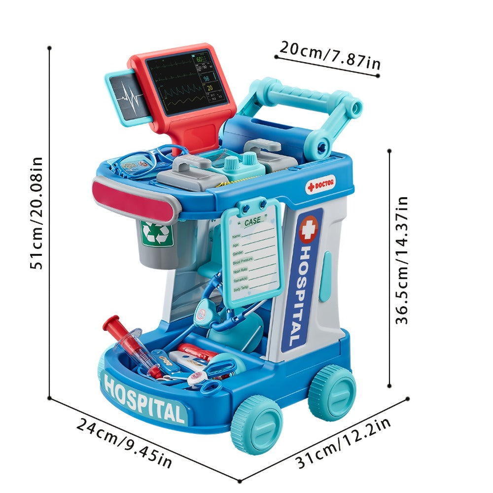 Kids Doctor Kit Medical Cart Set – Movable Toy Trolley with Stethoscope, Thermometer & Medical Accessories, Doctor Nurse Role Play Toy, Birthday Gift for Boys & Girls Ages 3+