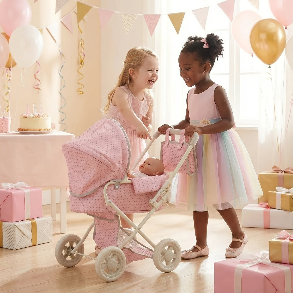 3-in-1 Baby Doll Stroller Set Pink – Foldable Pram with Removable Bassinet & Carry Bag for 14-24 Inch Dolls, Swivel Wheels Adjustable Handle, Role Play Nursery Gift for Girls Ages 3-12