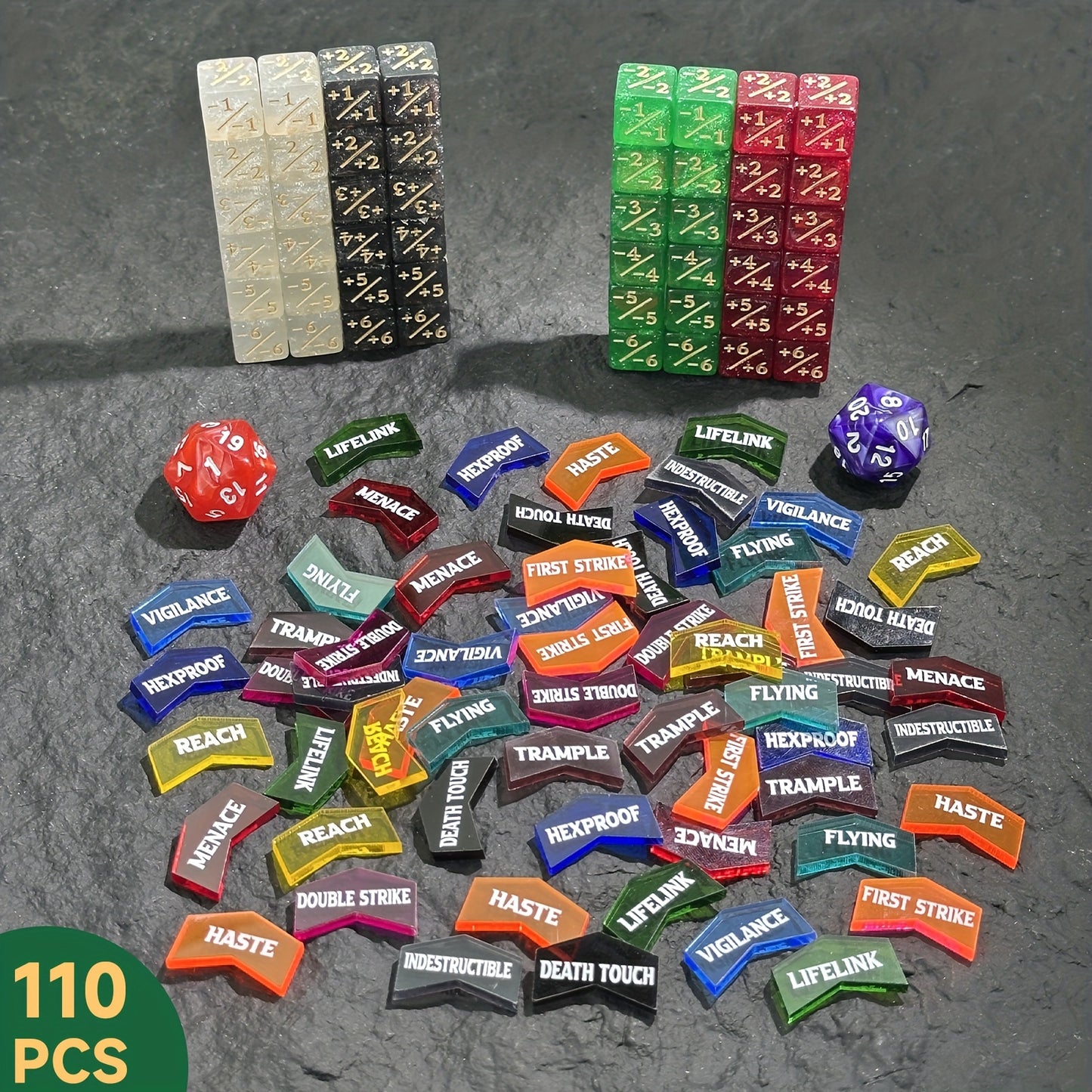 Counter Dice Set -110pcs 12mm/0.47inch 6 Sided +1/-1 Tokens Dice D20 Dices Set & M Keyword Counters Tokens for This Great Magic, TCG, Card Games Accessories